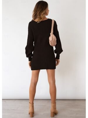 Stylish Regular Solid V Neck Bishop Sleeve Knit Sweater Dress - Image 3