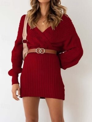 Stylish Regular Solid V Neck Bishop Sleeve Knit Sweater Dress - Image 4
