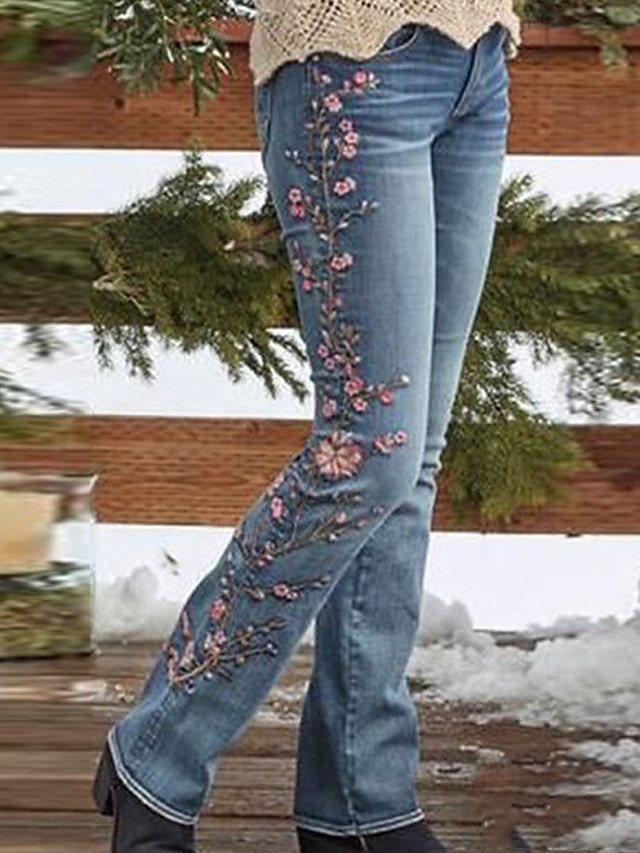 Stylish Retro Vintage High Waist Floral Full Length Jeans - Image 1