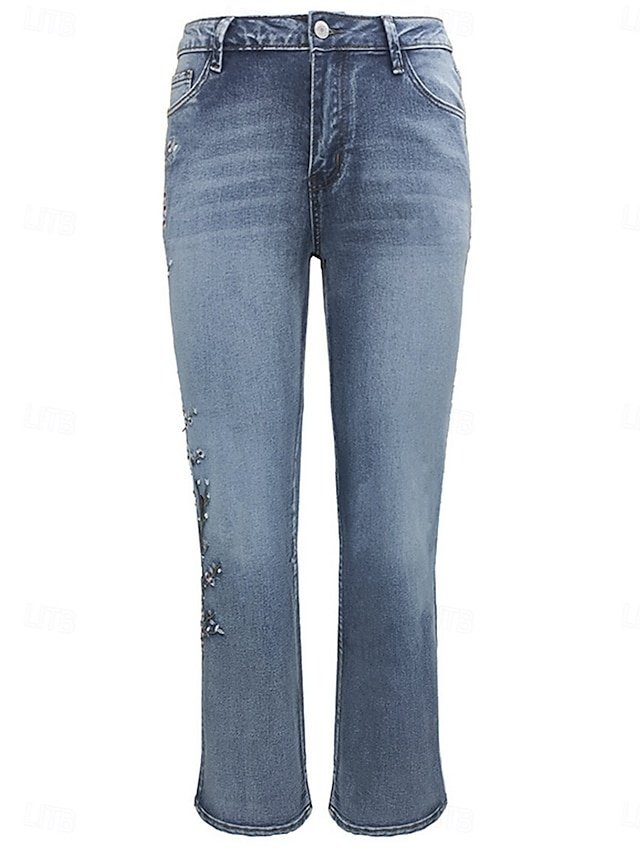Stylish Retro Vintage High Waist Floral Full Length Jeans - Image 2