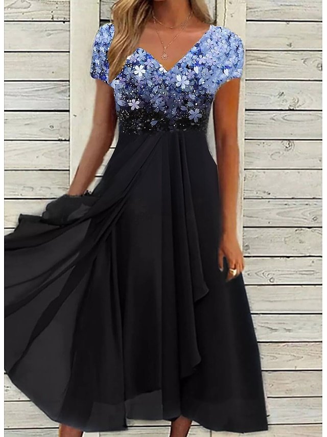 Stylish Ruched Floral V Neck Short Sleeve Midi Dress - Image 2