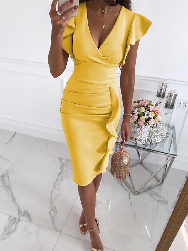 Stylish Slim Pure Colour V Neck Sleeveless Knee Length Sheath Dress - Image 1