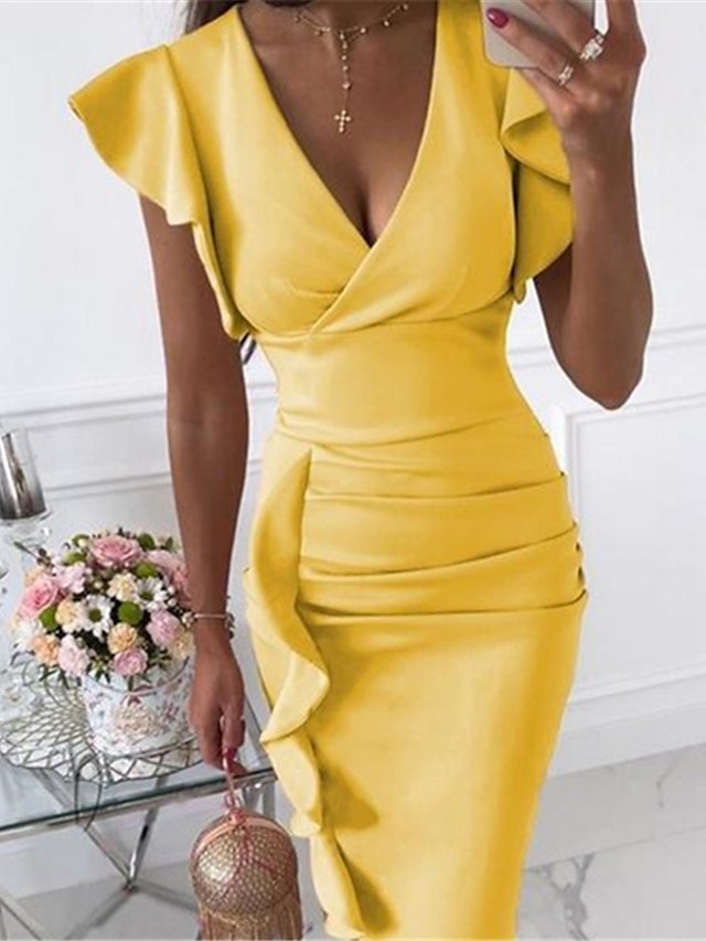 Stylish Slim Pure Colour V Neck Sleeveless Knee Length Sheath Dress - Image 2