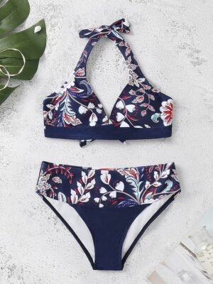 Tropical Cheeky Halter Open Back V Wire Sleeveless Bikini - Image 4