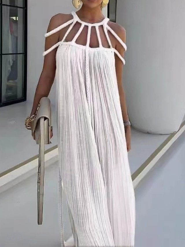 Vacation Cut Out Solid Halter Sleeveless Beach Dress - Image 1