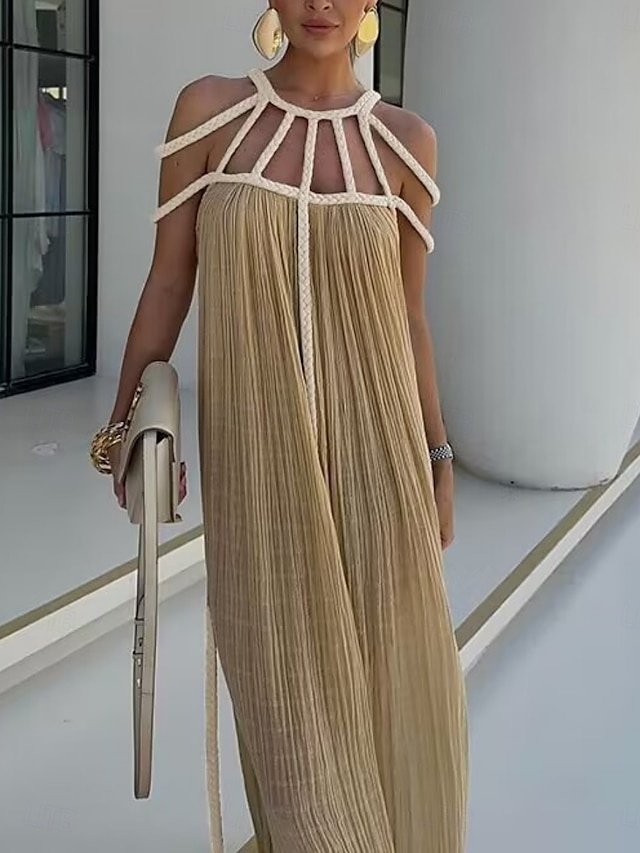 Vacation Cut Out Solid Halter Sleeveless Beach Dress - Image 2