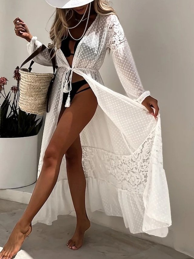 Vacation Loose Lace V Neck Long Sleeve Beach Cover Up - Image 1