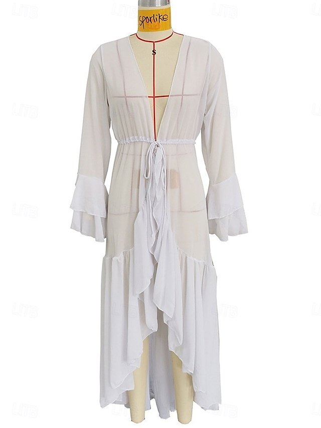 Vacation Loose Plain V Neck Long Sleeve Beach Dress - Image 2