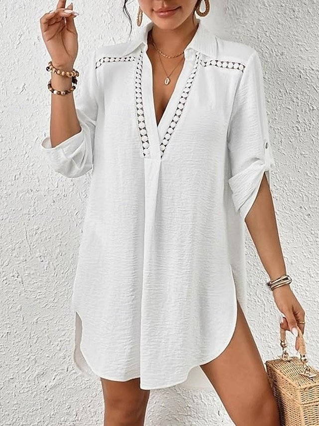 Vacation Loose Solid Colour V Neck Long Sleeve Beach Dress - Image 1