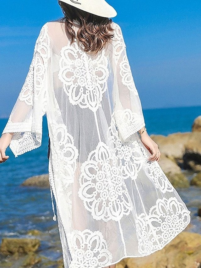 Vacation Loose Solid Colour V Neck Long Sleeve Beach Dress - Image 1