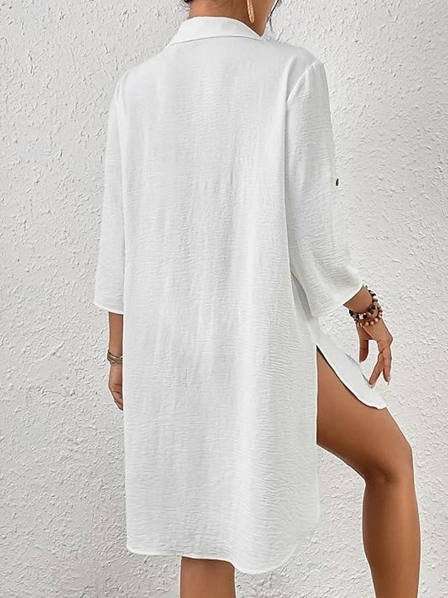 Vacation Loose Solid Colour V Neck Long Sleeve Beach Dress - Image 2