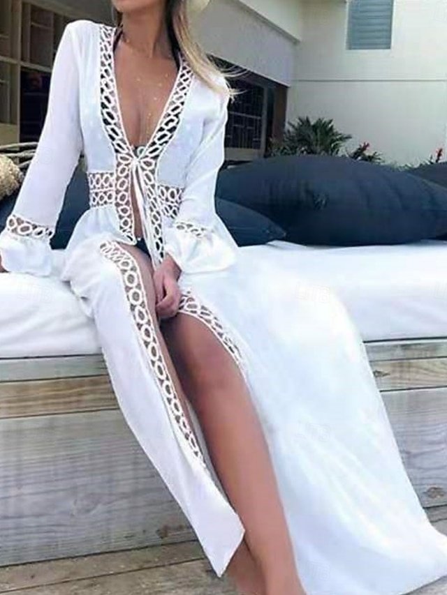 Vacation Loose Solid Lace Patchwork V Neck Long Sleeve Beach Dress - Image 2