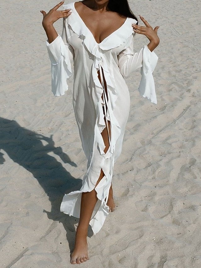 Vacation Loose Solid V Neck Long Sleeve Swim Dress - Image 1