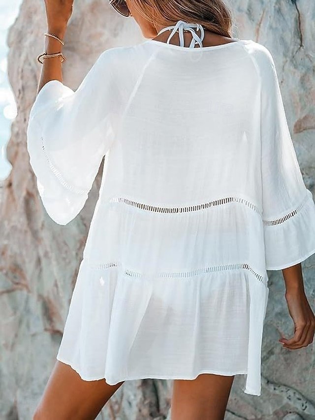Vacation Loose Solid V Neck Long Sleeve Swim Dress - Image 2