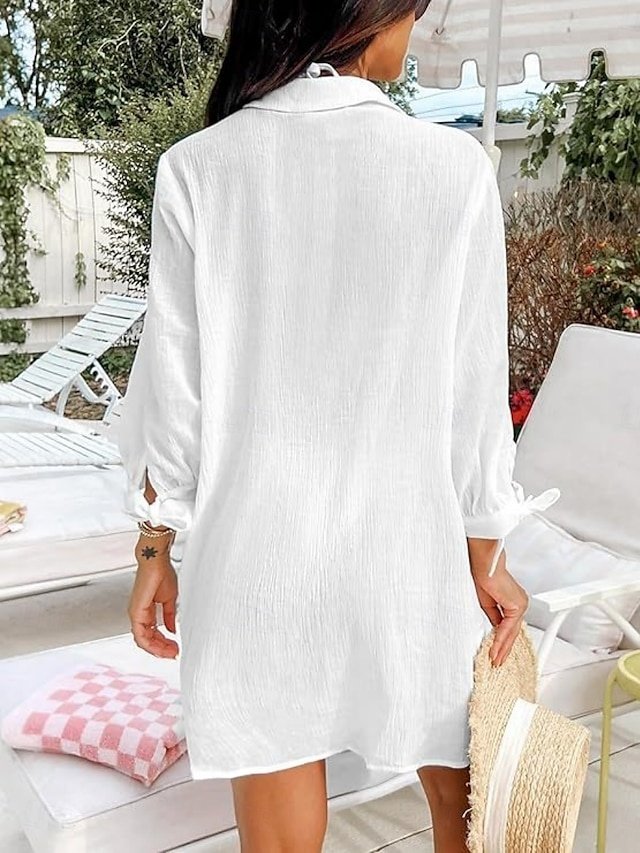Vacation Loose Solid V Neck Long Sleeve Swim Dress - Image 2