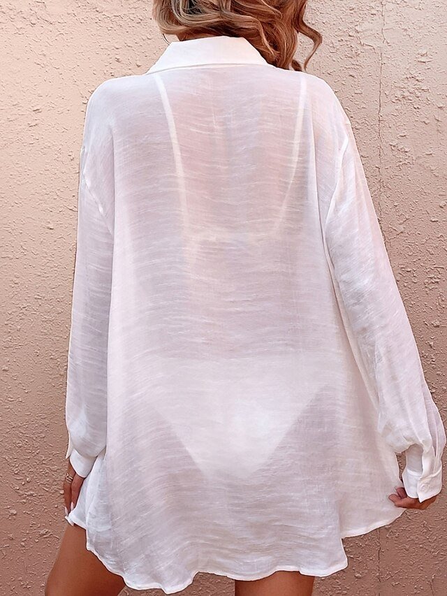 Vacation Loose Solid V Neck Long Sleeve Swim Dress - Image 2