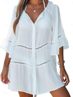Vacation Loose Solid V Neck Long Sleeve Swim Dress - Image 5