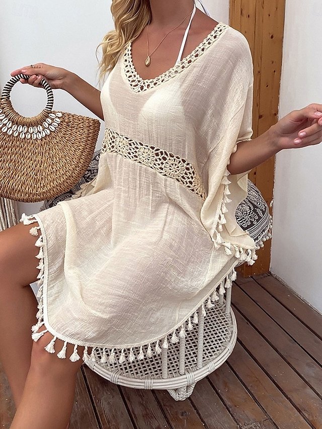 Vacation Loose Solid V Neck Short Sleeve Swim Dress - Image 1
