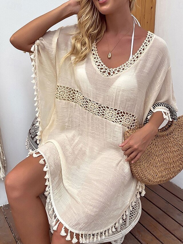 Vacation Loose Solid V Neck Short Sleeve Swim Dress - Image 2