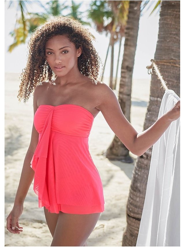 Vacation Modest Solid Bandeau Strapless Sleeveless Tankini - Image 1