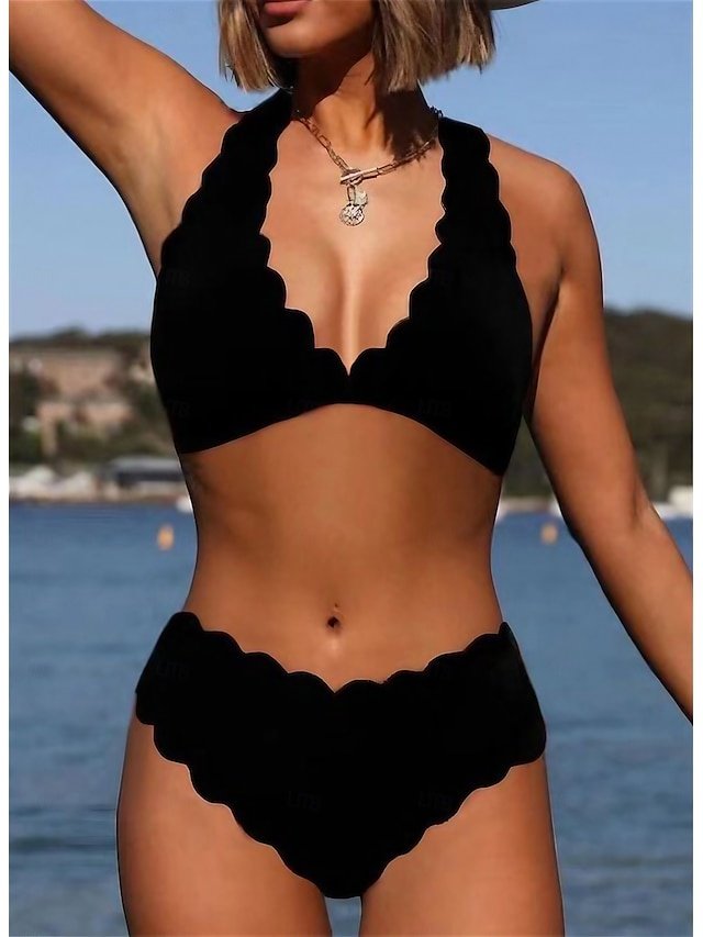 Vacation Plus Size Pure Colour Halter Backless Sleeveless Bikini - Image 1
