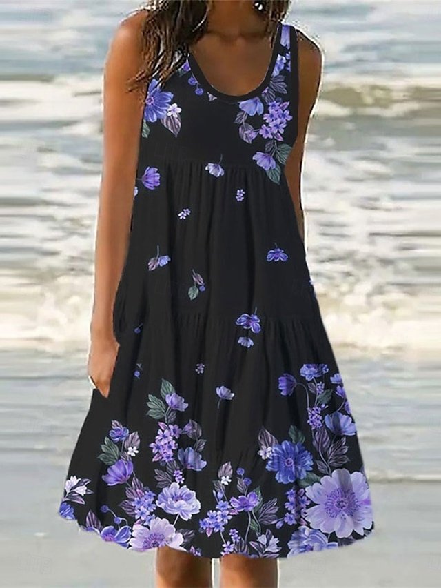 Vacation Regular Floral U Neck Sleeveless Mini Dress - Image 1