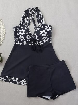 Vacation Slim Floral Halter Neck Sleeveless Swimdress - Image 3