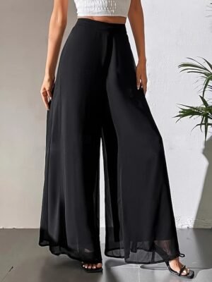 Vacation Wide Leg Plain Elastic Waist Full Length Trousers - Image 12