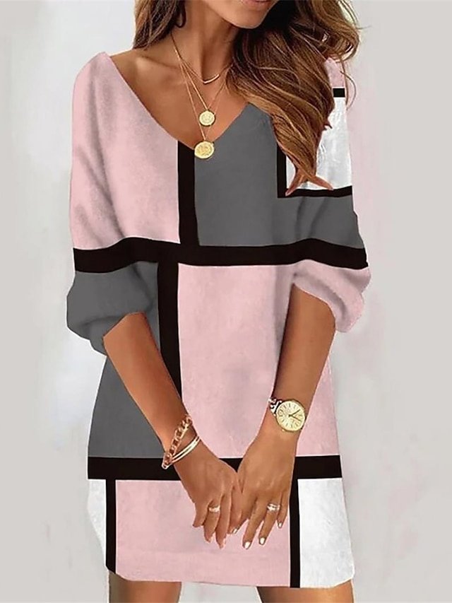 Vintage Loose Fit Geometric V Neck 3/4 Sleeve Mini Dress - Image 1