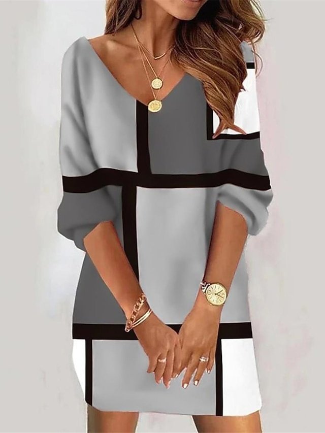 Vintage Loose Fit Geometric V Neck 3/4 Sleeve Mini Dress - Image 2