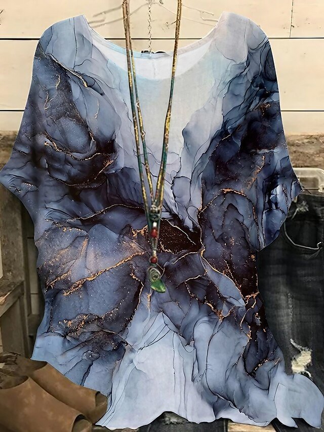 Vintage Loose Print Crew Neck Dolman Half Sleeve Regular Blouse - Image 1