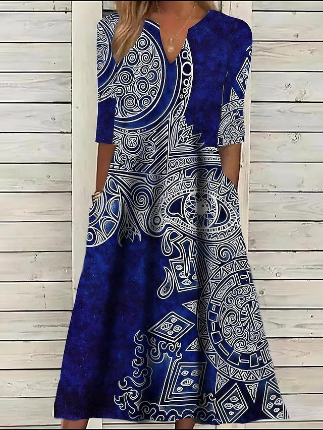 Vintage Regular Fit Floral Tribal Split Neck Half Sleeve Midi Dress - Image 2
