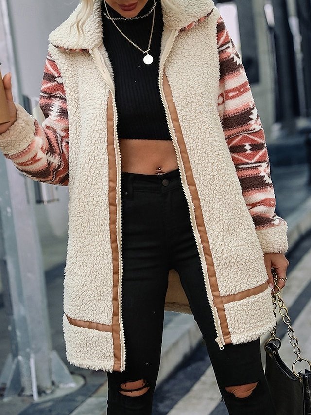 Vintage Regular Fit Geometric Turndown Long Sleeve Long Fleece Jacket - Image 1
