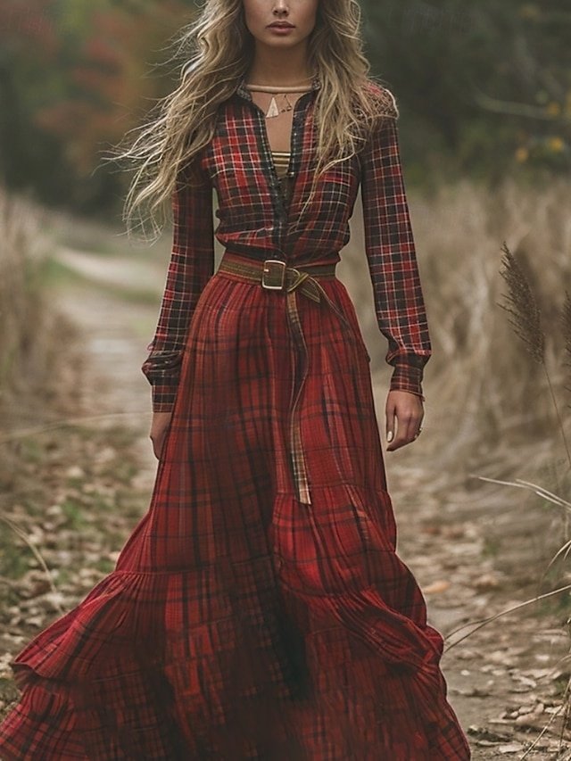 Vintage Regular Fit Plaid V Neck Long Sleeve Maxi Dress - Image 1
