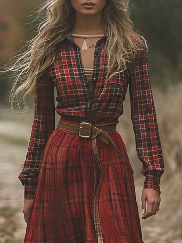Vintage Regular Fit Plaid V Neck Long Sleeve Maxi Dress - Image 2