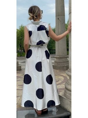 Vintage Regular Fit Polka Dot Shirt Collar Sleeveless Maxi Dress - Image 18