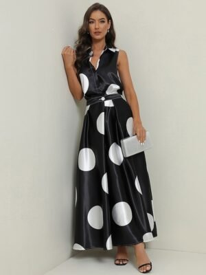 Vintage Regular Fit Polka Dot Shirt Collar Sleeveless Maxi Dress - Image 6