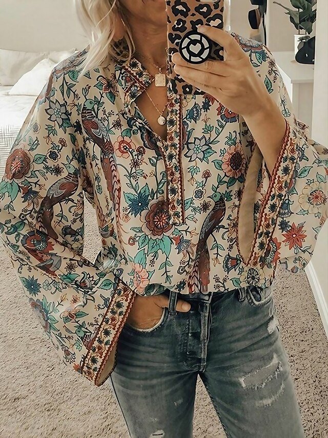 Vintage Regular Graphic Floral Round Neck Long Sleeve Boho Blouse - Image 1