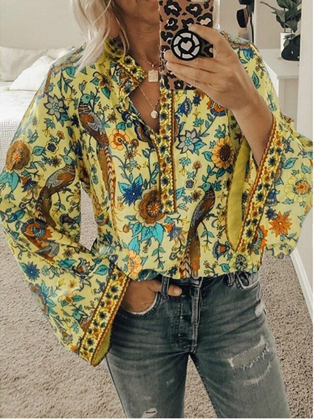 Vintage Regular Graphic Floral Round Neck Long Sleeve Boho Blouse - Image 2