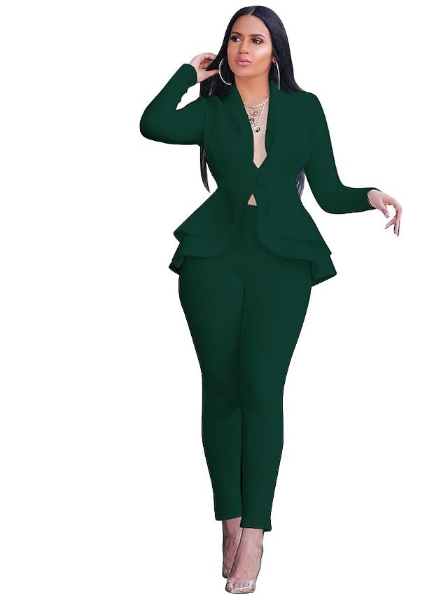 Vintage Regular Solid Shirt Collar Long Sleeve Office Blazer Suit Set - Image 1