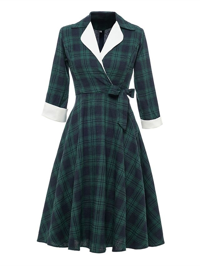 Vintage Swing Plaid Shirt Collar Long Sleeve Midi Dress - Image 1