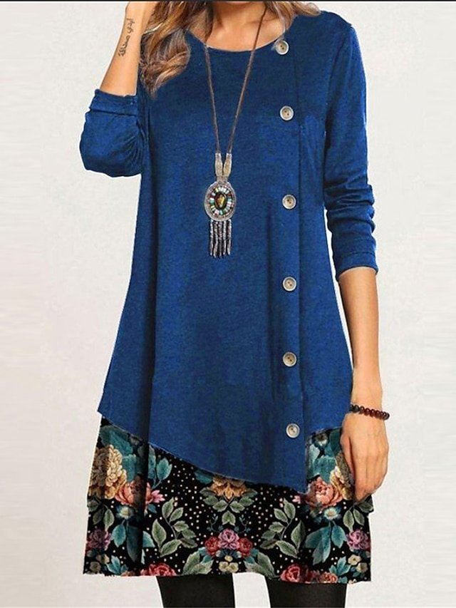 Women’s Floral Print Crew Neck Long Sleeve Mini Dress - Image 1