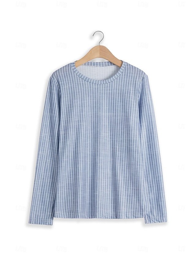 Basic Regular Striped Round Neck Long Sleeve Top - Image 2