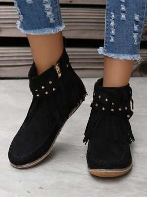 Boho Flat Suede Fringe Round Toe Ankle Boots - Image 17