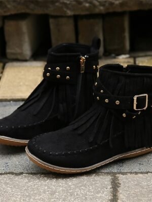Boho Flat Suede Fringe Round Toe Ankle Boots - Image 19