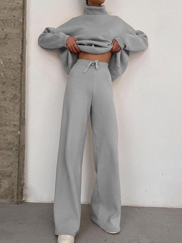 Casual Comfort Pure Colour High Neck Long Sleeve Knit Loungewear Set - Image 1
