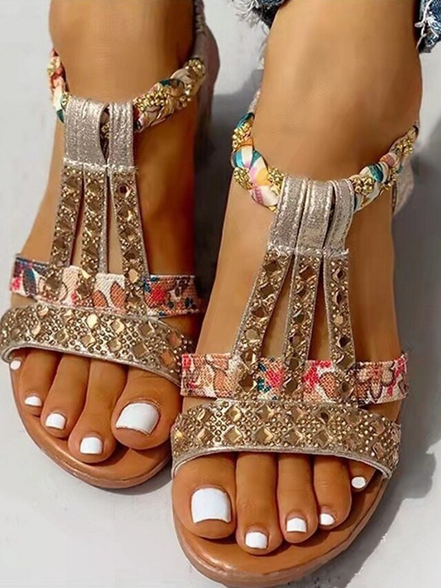 Casual Comfortable Floral Rhinestone Elastic Strap Wedge Sandals - Image 1