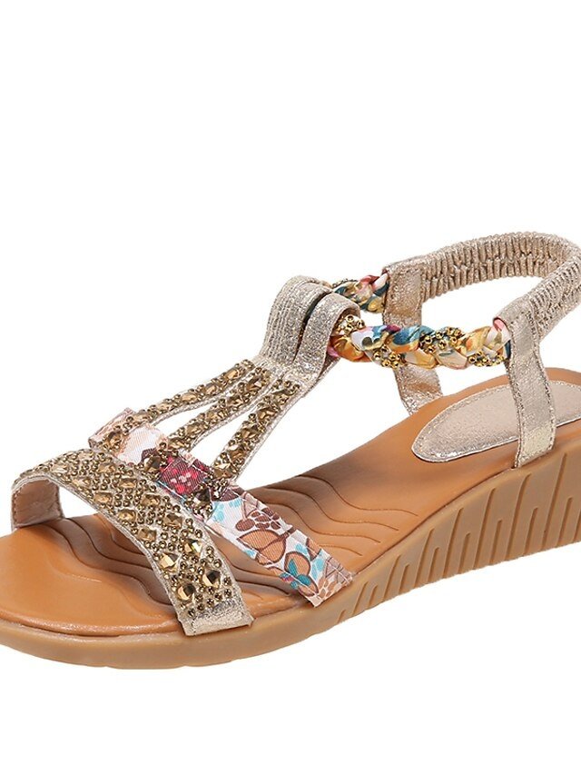 Casual Comfortable Floral Rhinestone Elastic Strap Wedge Sandals - Image 2