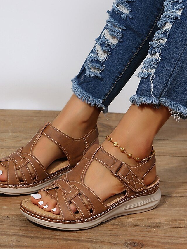 Casual Comfortable Open-Toe Brown Faux Leather Strap Sandals - Image 1
