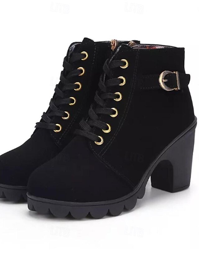 Casual Fashion Lace-Up Black Ankle Boots with Chunky Heel and Side Buckle - Image 2